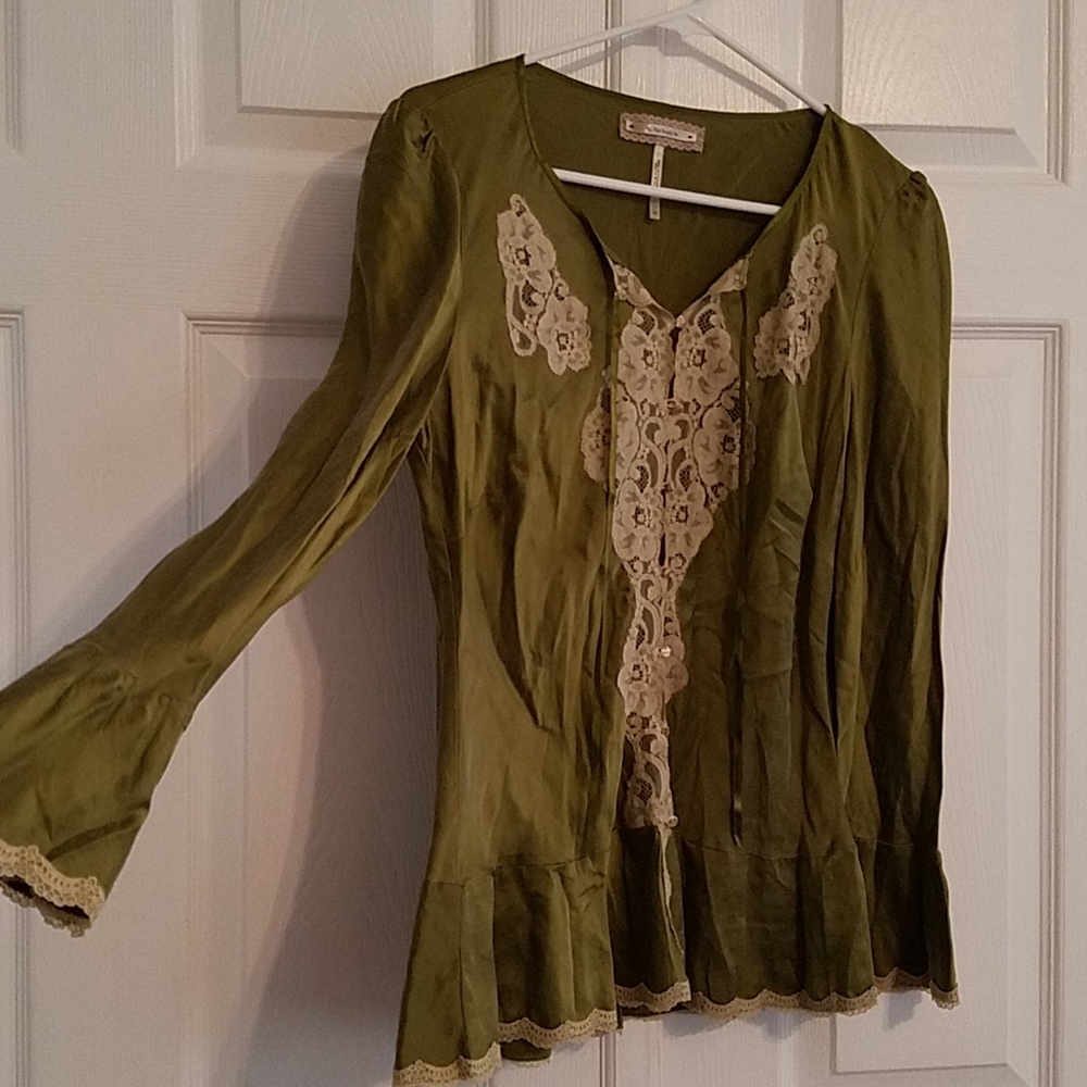 Free People Silky Lace Moss Green Boho Blouse L
